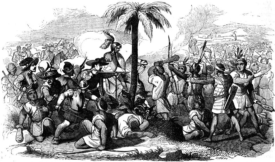 Spanish soldiers and the native people of Peru fighting, with the 
        spanish soliders having guns and swords and the Peruvians only having simple tools.